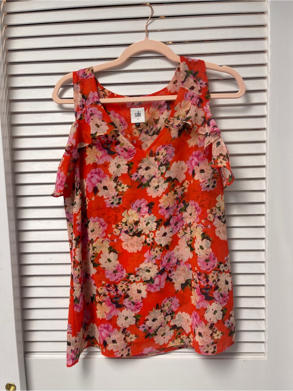 CAbi Red Floral Cold-Shoulder Camisole